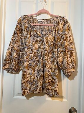 🦋 LC Lauren Conrad Brown Floral Puff-Sleeve Tunic size medium